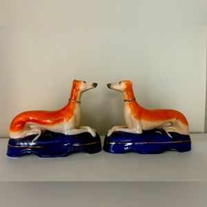 Pair of Staffordshire Greyhound/Whippet Inkwell Figurines
